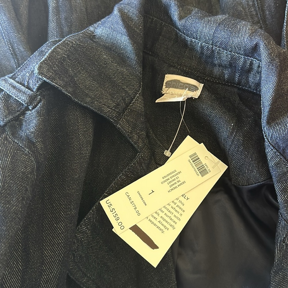 NWT CHICOS DENIM TRENCH TIE WAIST JACKET IN HERITAGE INDIGO SZ-1 US 8/10 - Picture 4 of 5